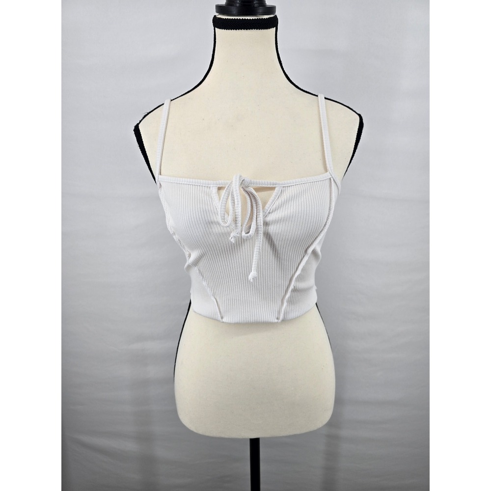 Blue Blush Forever 21 White Ribbed Knit‎ Cropped Cami Tank Top Tie Front Small